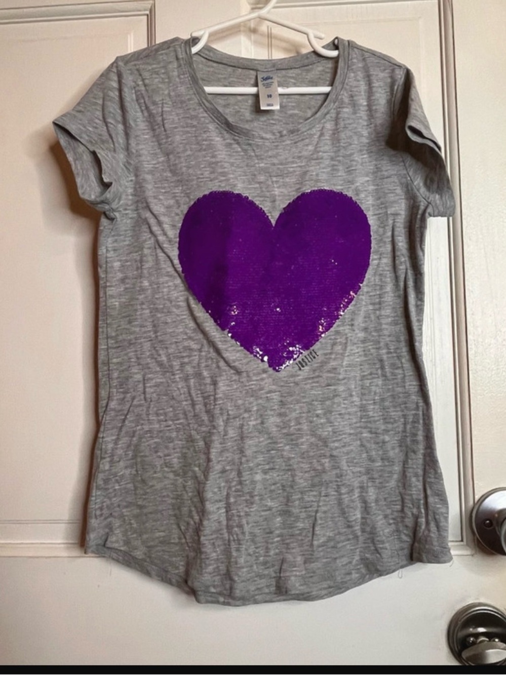 Justice Gray Tee with Purple Sequin Heart